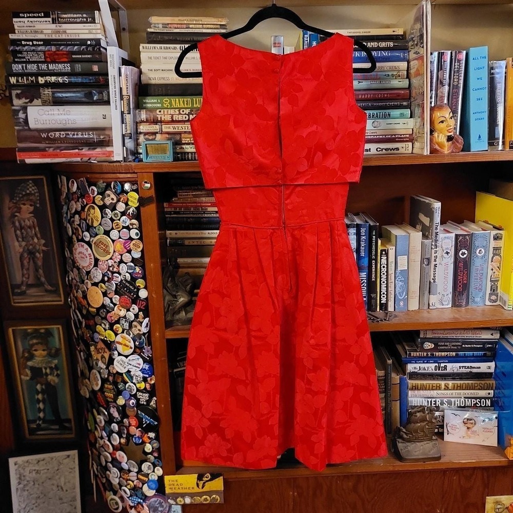Vintage 50s 60s Handmade Red Floral Damask Dress and Crop Top Set Rockabilly - Picture 2 of 8
